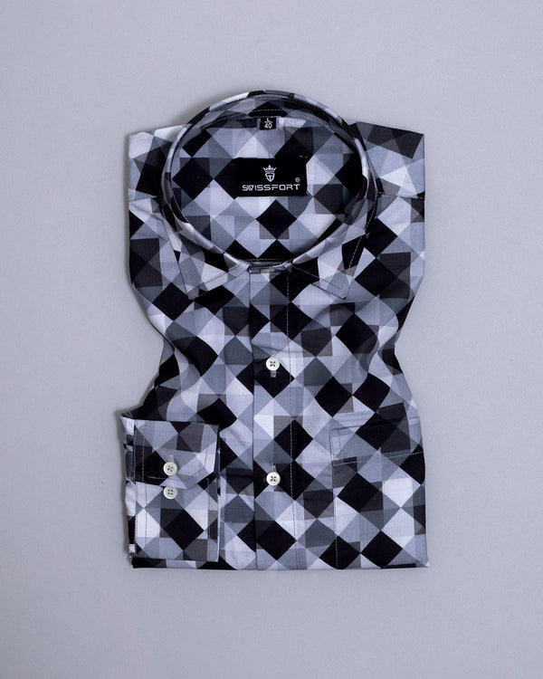 Black And Grey Square Printed Cotton Shirt