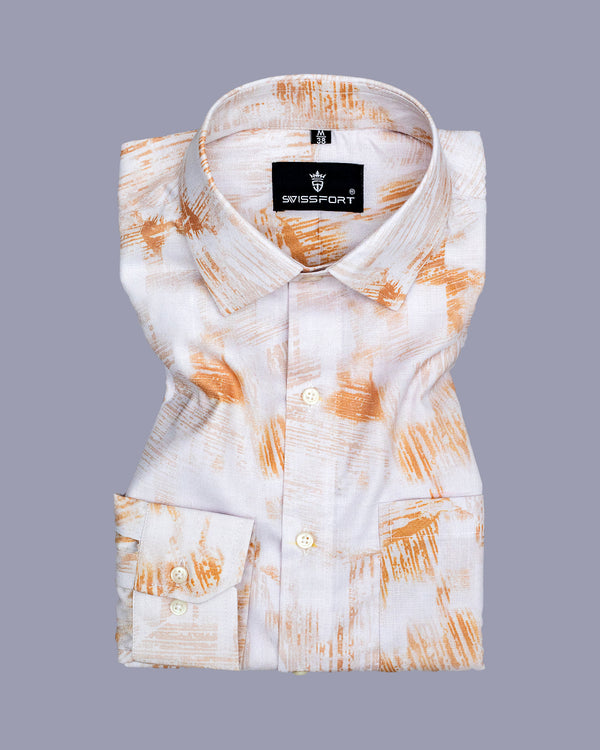 Bright White With Orange Digital Print Soft Cotton Shirt