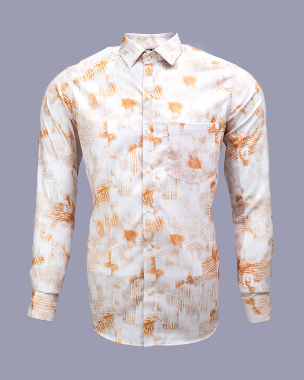 Bright White With Orange Digital Print Soft Cotton Shirt