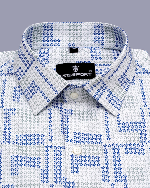 Bright White With Blue and Green Flower Giza Premium Cotton Shirt