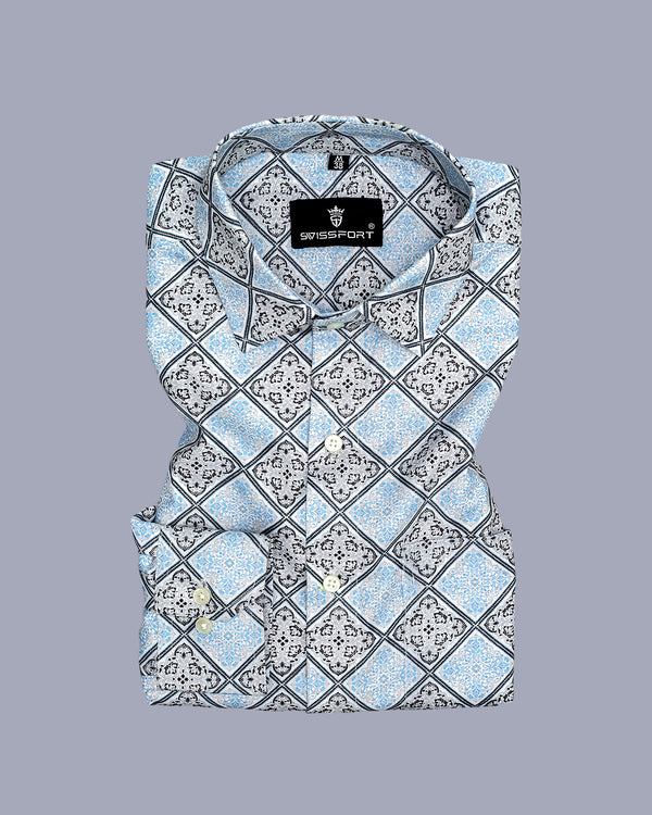 Mercury Sky Blue With Sudoku Digital Print Soft Cotton Shirt