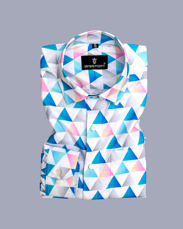 Warm White With Colorful Tringle Printed Soft Cotton Shirt