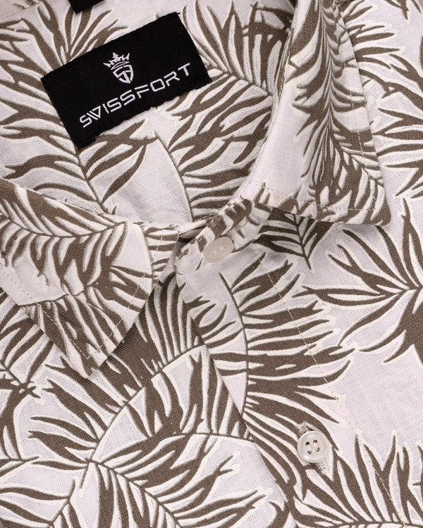 WHITE WITH BROWN LEAVES PRINTED LINEN COTTON SHIRT