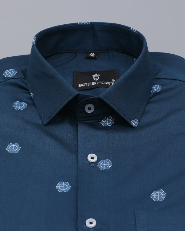 Cerulean Blue Imprinted Giza Cotton Shirt