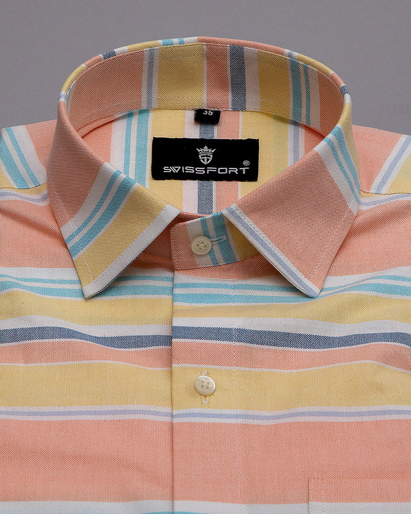 ORANGE WITH YELLOW MULTICOLORED HORIZONTAL STRIPED OXFORD COTTON SHIRT